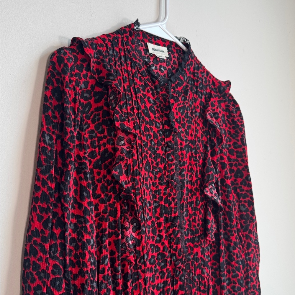 Zadig & Voltaire Remo Print Leopard Coeur Ruffle Dress in Red/Black - S - Picture 5 of 7